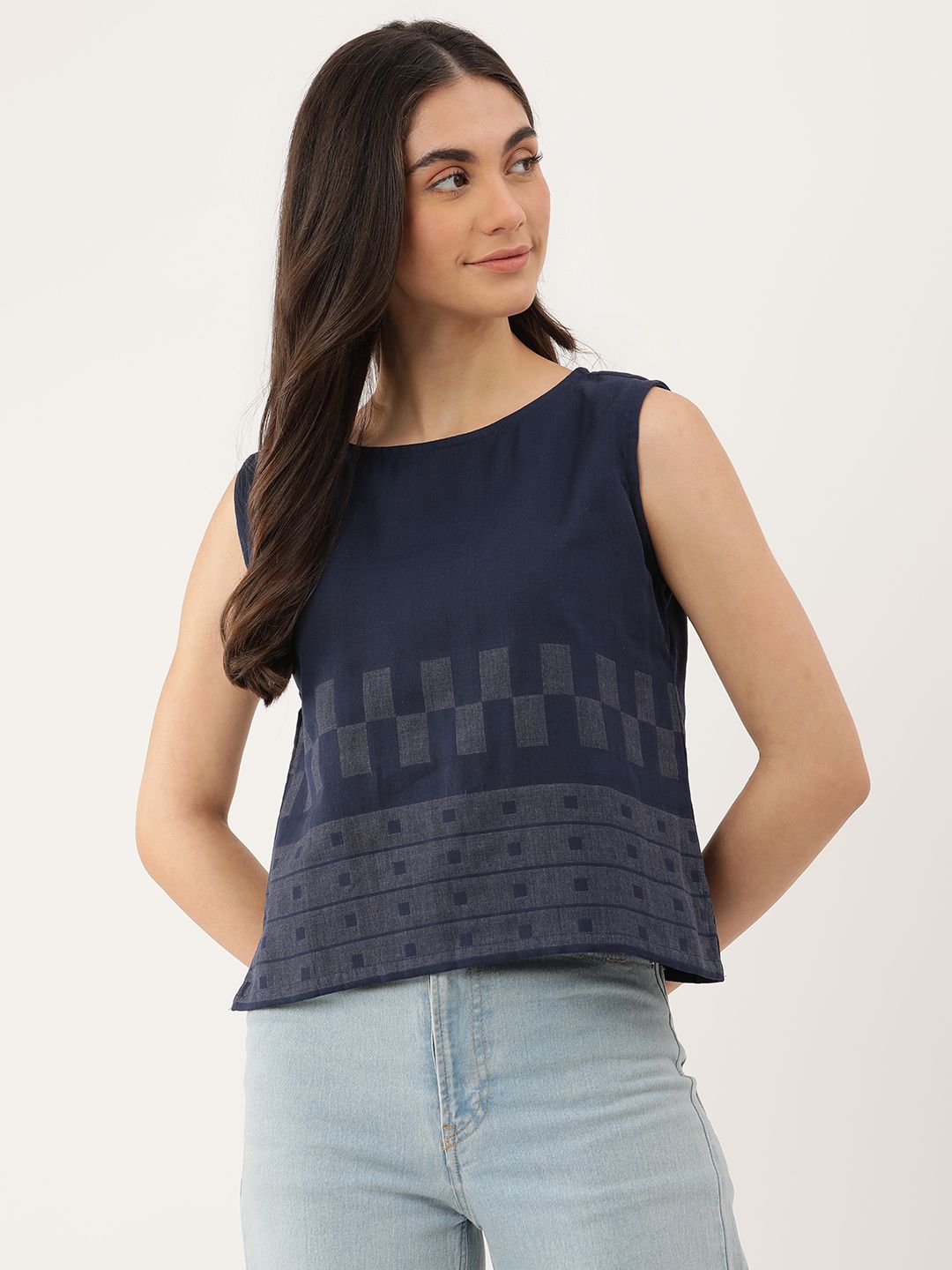 Printed Round Neck A-Line Top Geometric Print