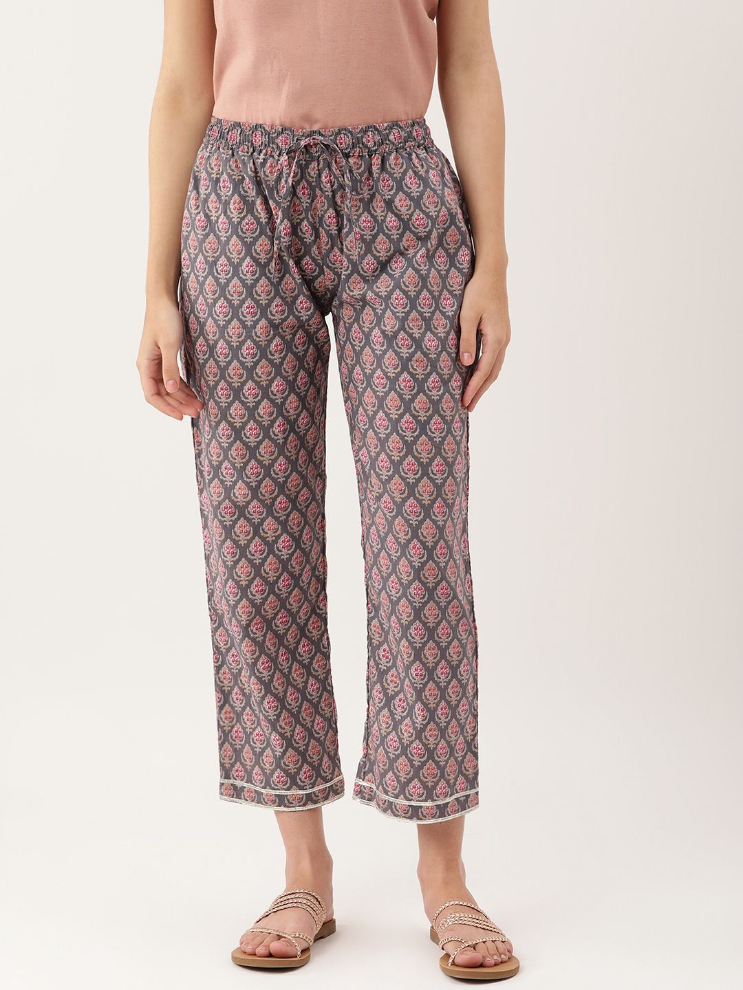 Grey Sanganeri Print Gota Patti  Ankle Length Palazzo- Trouser