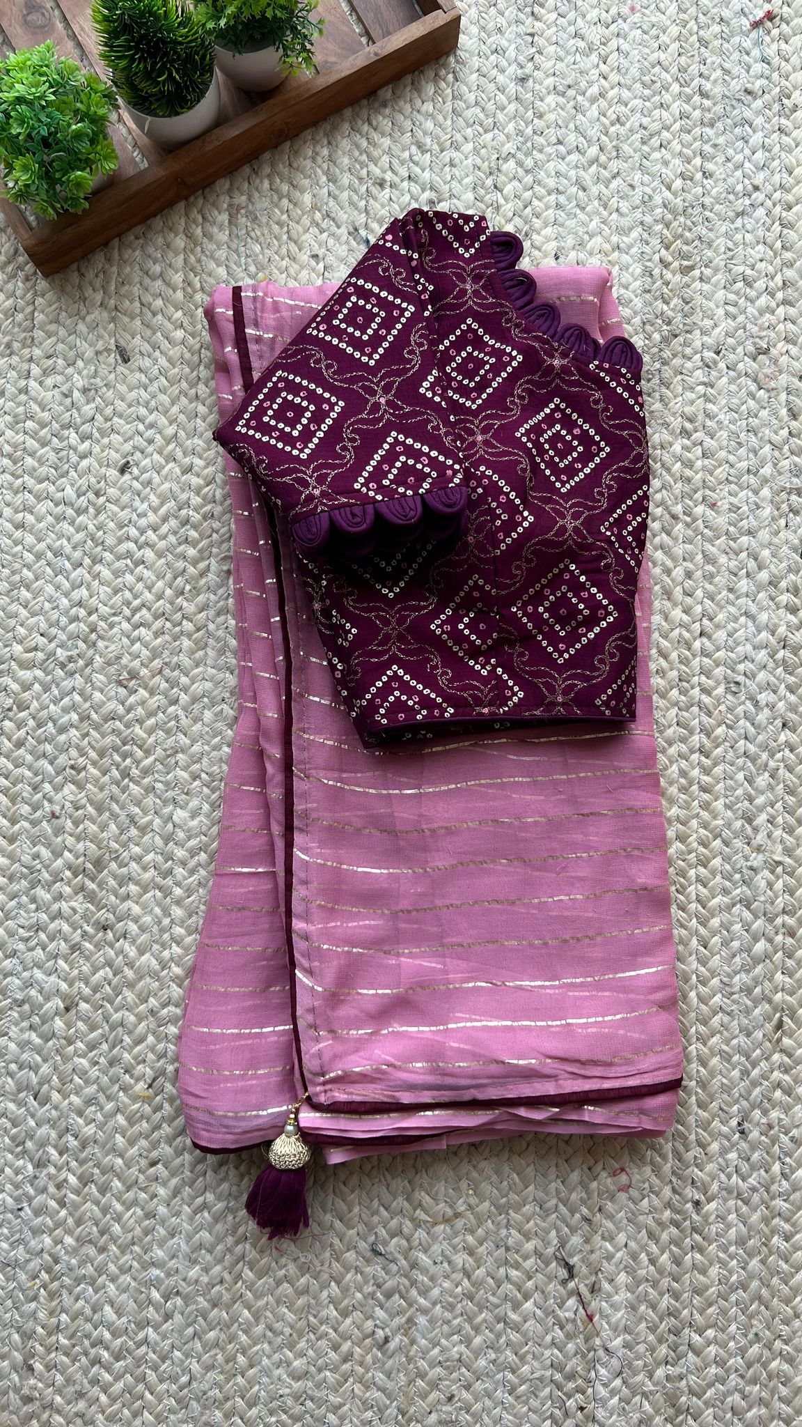 Onion chiffon saree with purple silk handwork blouse