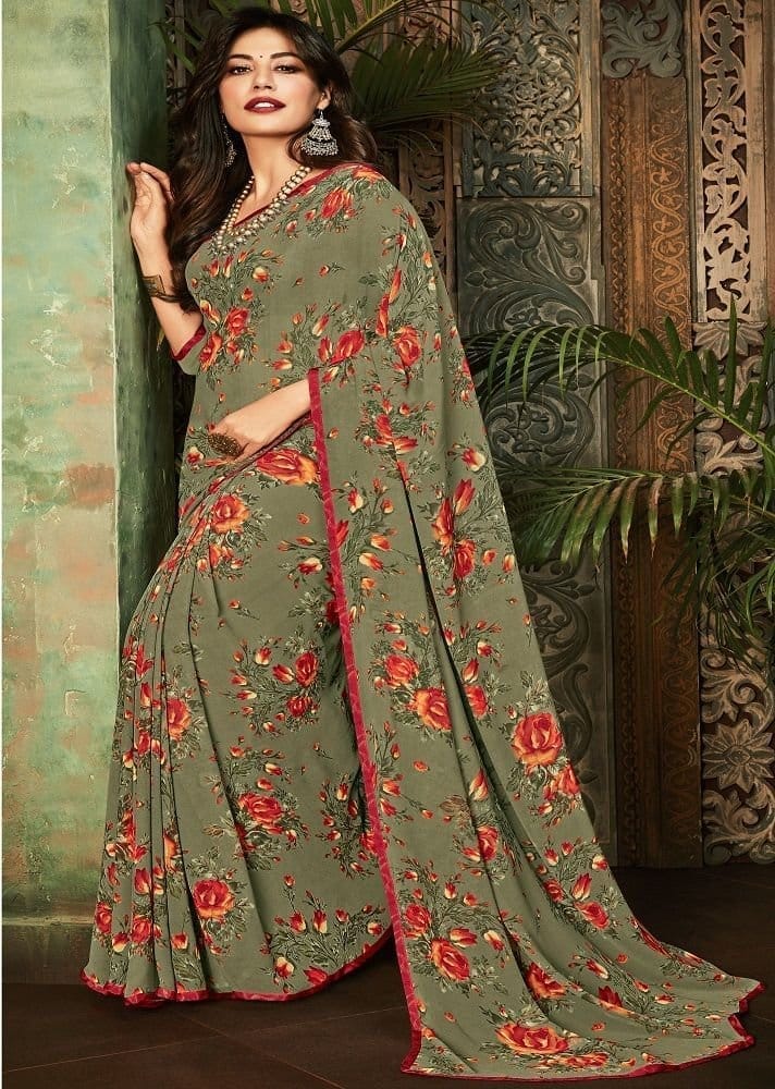 Digital Printed Georgette Saree in Dusty Green