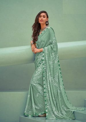 Printed Georgette Saree in Green