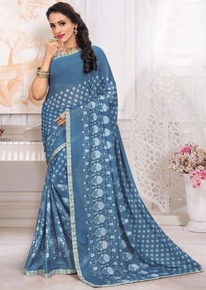 Digital Printed Georgette Saree in Blue