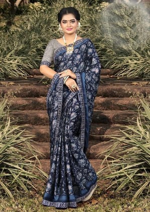 Georgette Printed Saree in Navy Blue