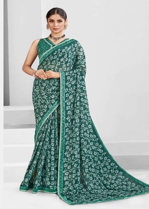 Digital Printed Georgette Saree in Green