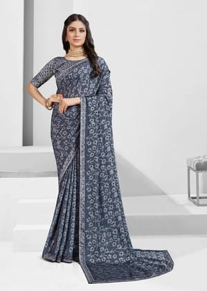 Digital Printed Georgette Saree in Grey