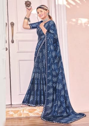 Digital Printed Georgette Saree in Navy Blue