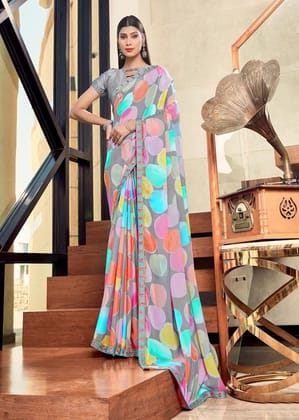 Digital Printed Georgette Saree in Grey and Multicolor