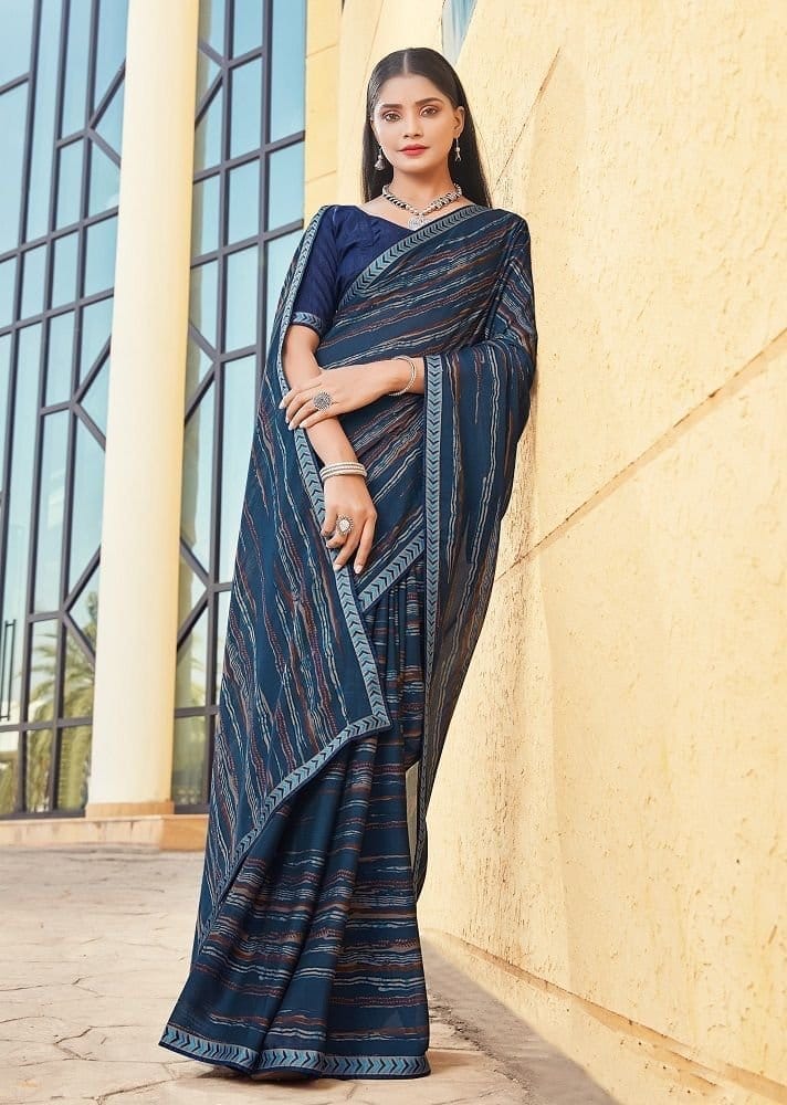 Digital Printed Georgette Saree in Navy Blue