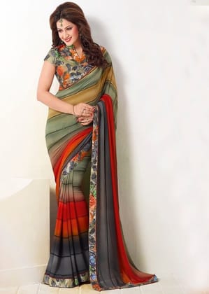 Digital Printed Georgette Saree in Multicolor