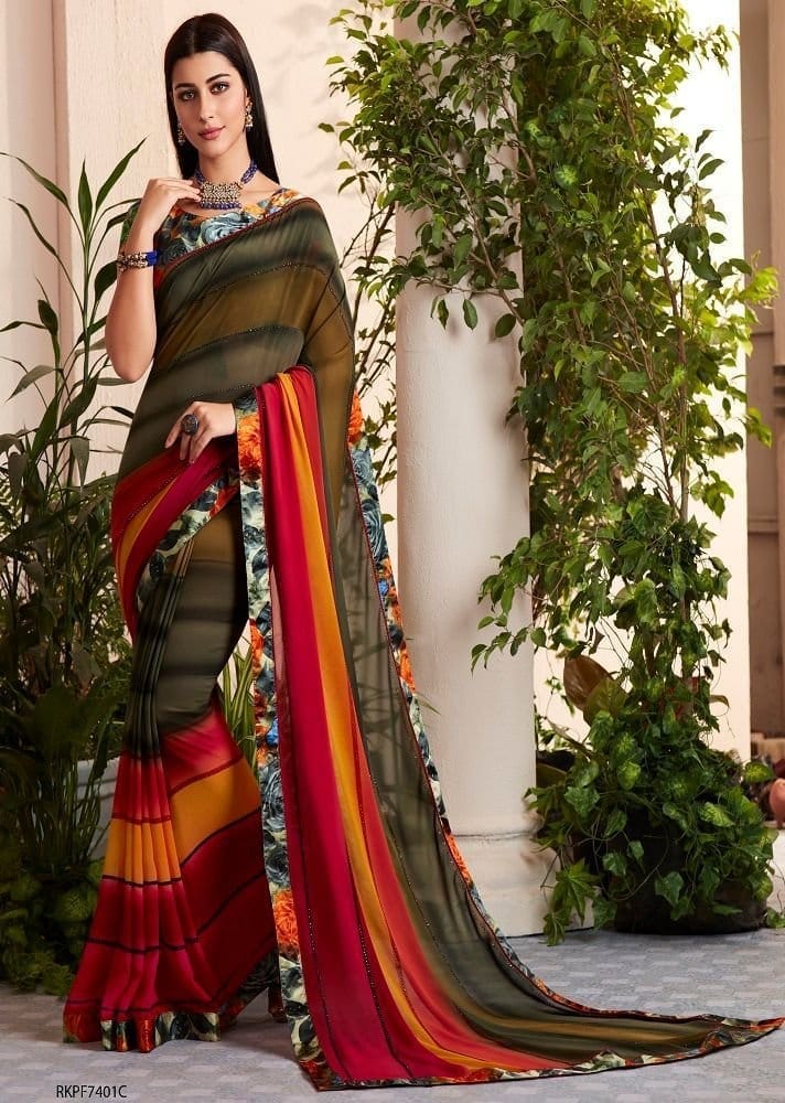 Digital Printed Georgette Saree in Multicolor