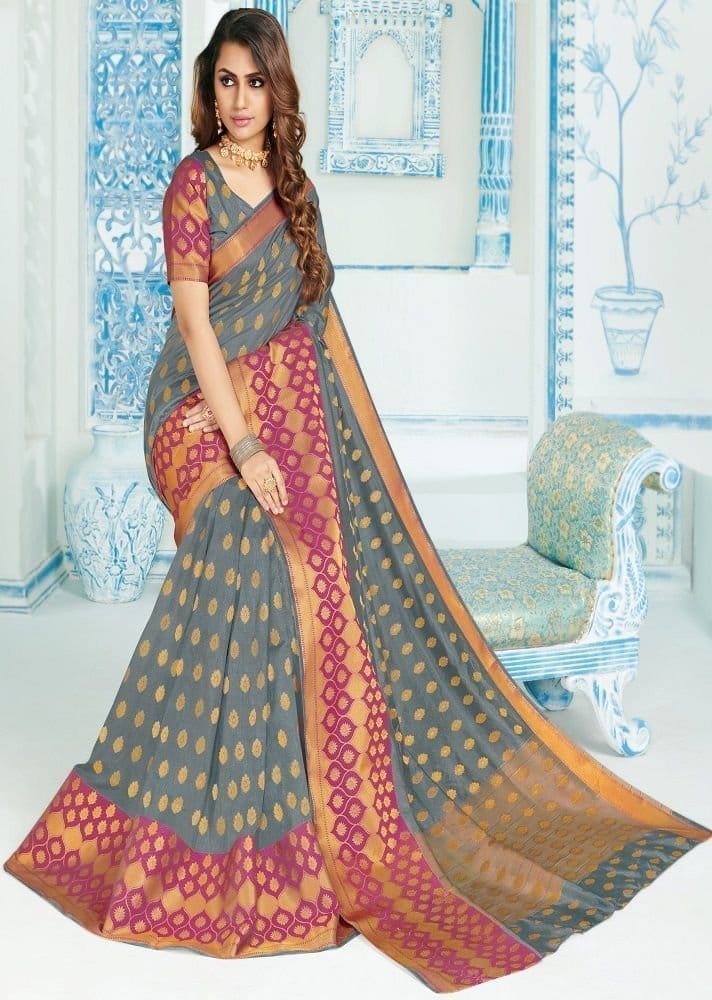 Woven Raw Silk Saree With Woven Zari Border And Woven Blouse