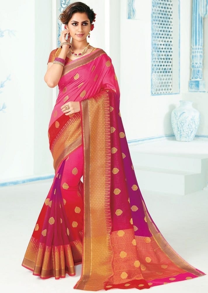 Woven Raw Silk Saree With Woven Zari Border And Woven Blouse