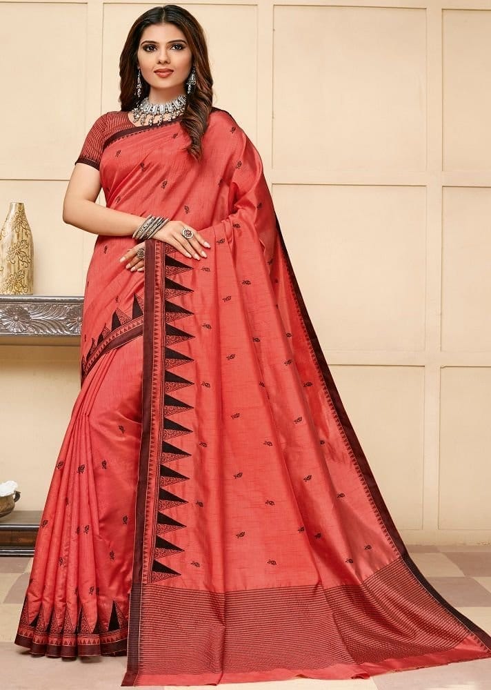 Embroidered Tussar Silk Saree With Zari Border And Embroidered Blouse Material