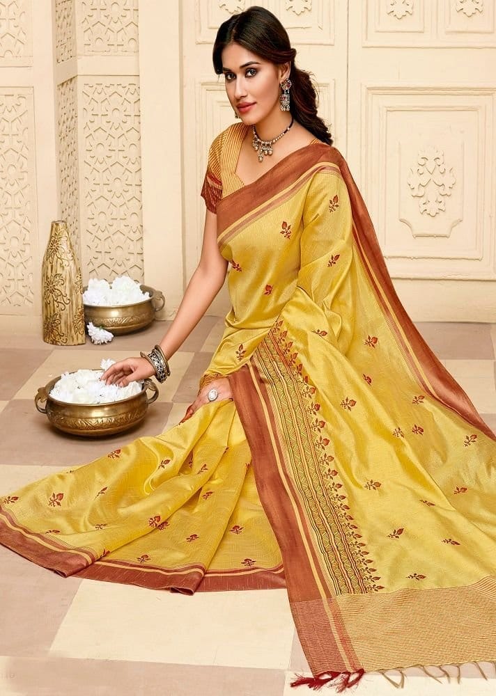 Embroidered Tussar Silk Saree With Zari Border And Embroidered Blouse Material