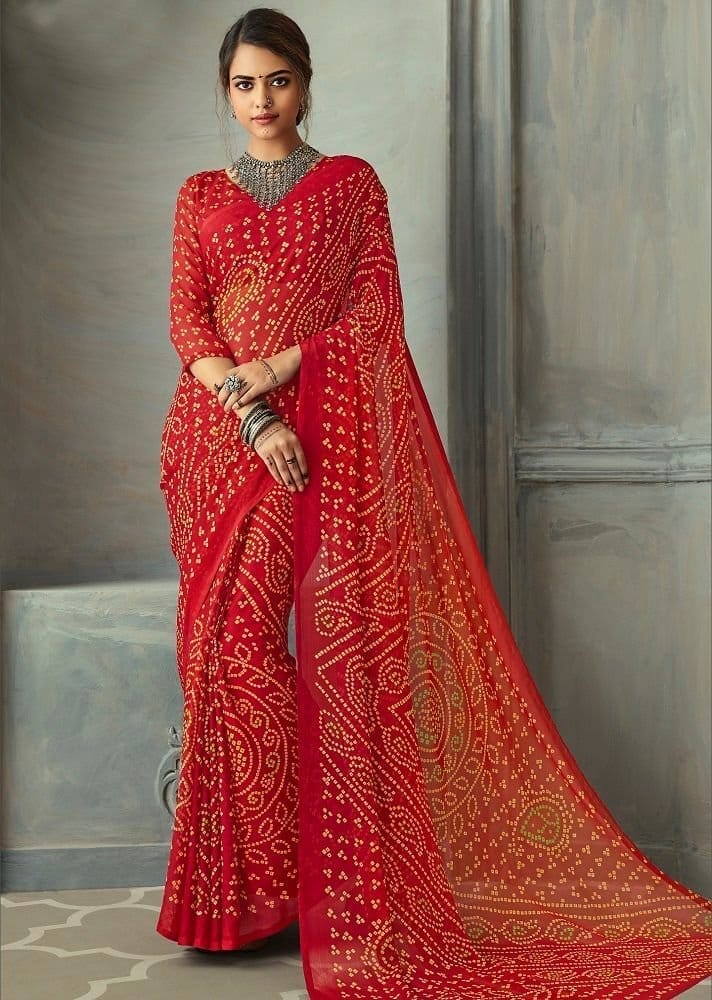 Bandhej Printed Chiffon Saree in Red