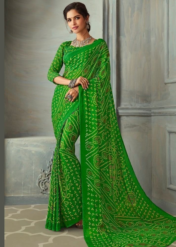 Bandhej Printed Chiffon Saree in Green