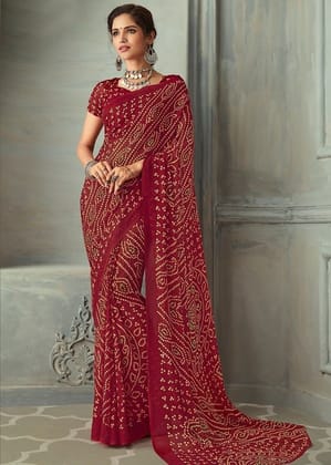 Bandhej Printed Chiffon Saree in Maroon