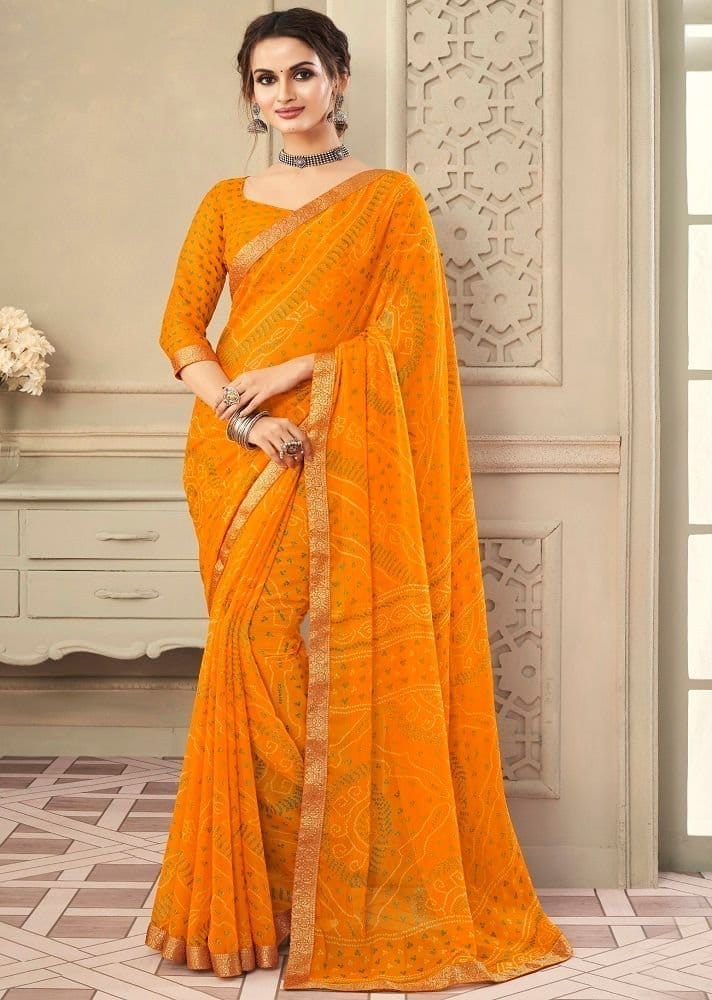 Bandhej Printed Chiffon Saree in Mustard