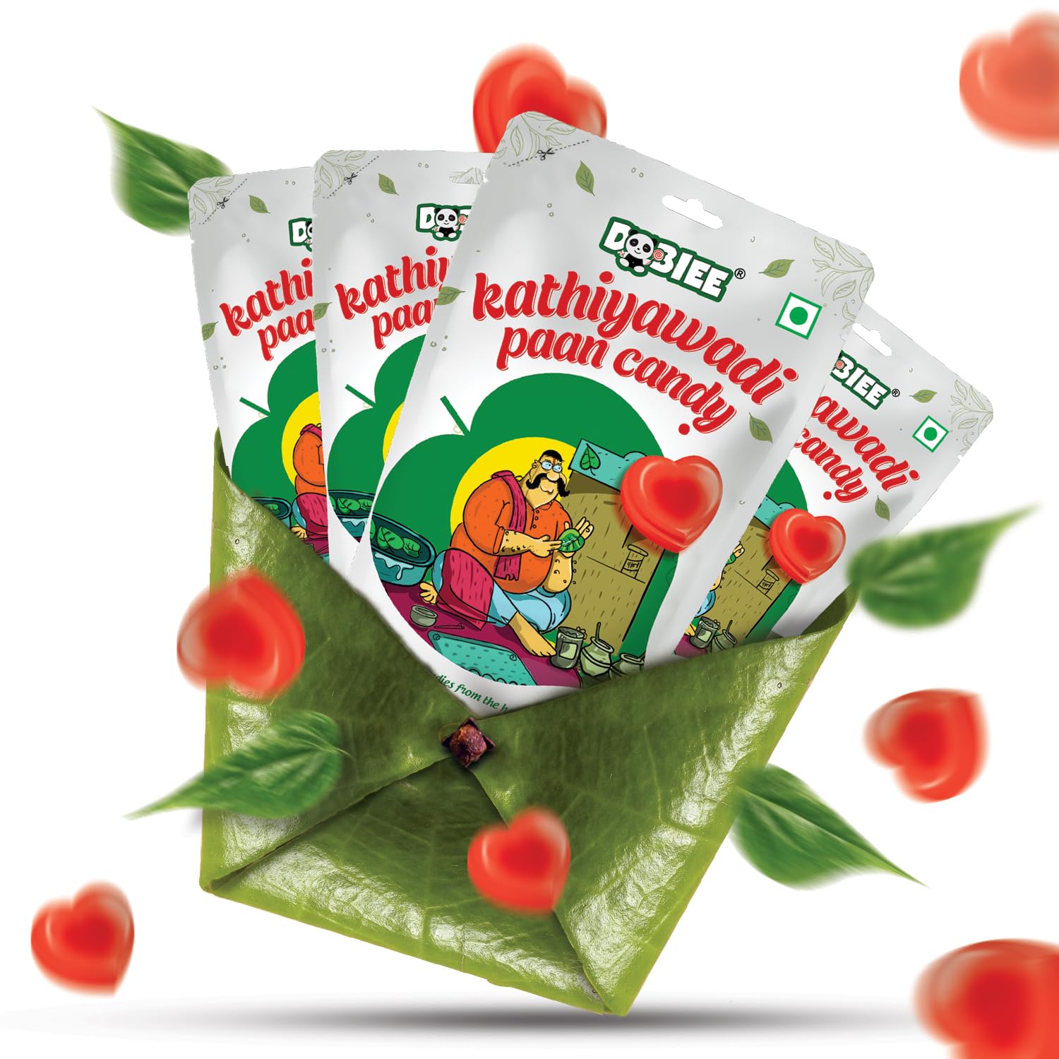 DOBIEE Kathiyawadi Paan Flavoured Candy 800g (200g x Pack of 4) | Heart Shape Candies with Authentic Indian Taste of Paan | Tutti Fruti, Saunf and Paan Freshness with Inside Centre Filled Jelly