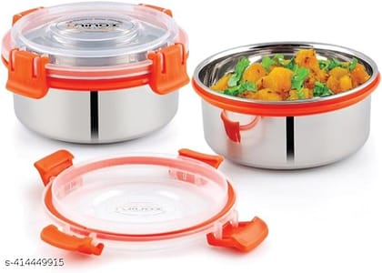 Prabha Orange Stainless Steel Airtight Leak proof Lock N Lock Storage/Tiffin Bowl 300 ml (Set of 2)