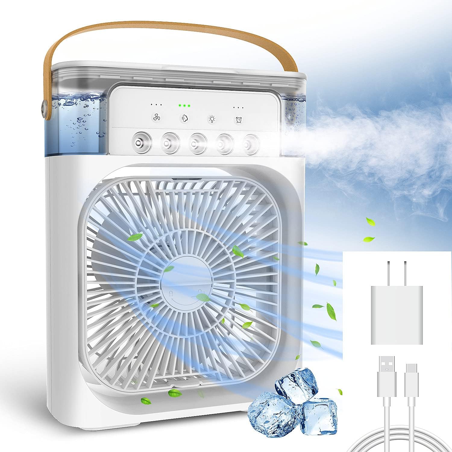 Portable Air Conditioner Fan, USB Personal Evaporative Air Cooler, Mini Humidifier Misting Fan with 7 Colors LED Light, 1/2/3 H Timer, 3 Wind Speeds and 3 Spray Modes for Office, Home