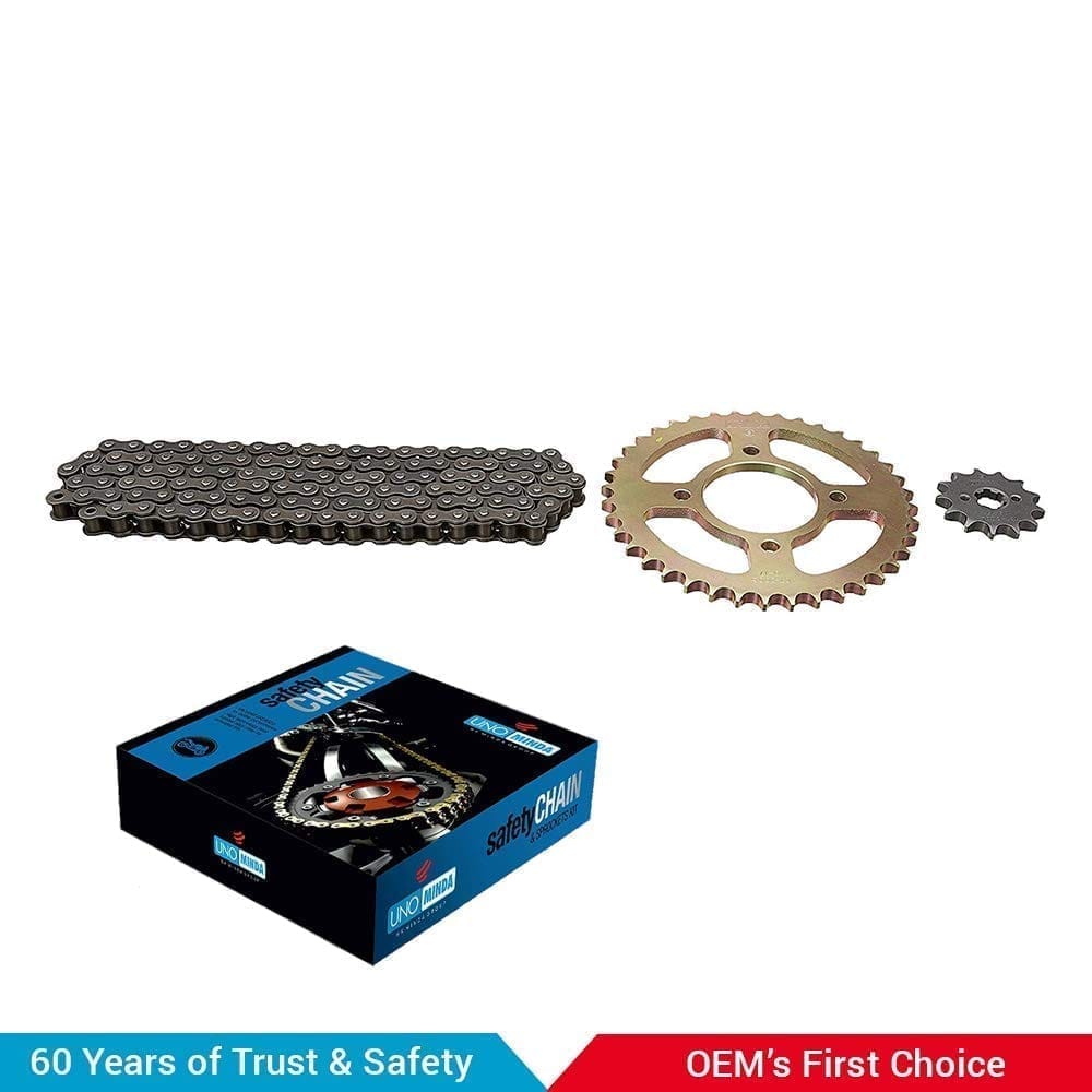 Uno Minda CH-5009 Quadra Rivet Chain & Alloy Steel Hardened Sprockets Chain & Sprocket Kit - R428 SIZE-108L / 14T / 44T(4H) For Hero Passion Plus (Alloy Wheel Jan'06 Onwards)