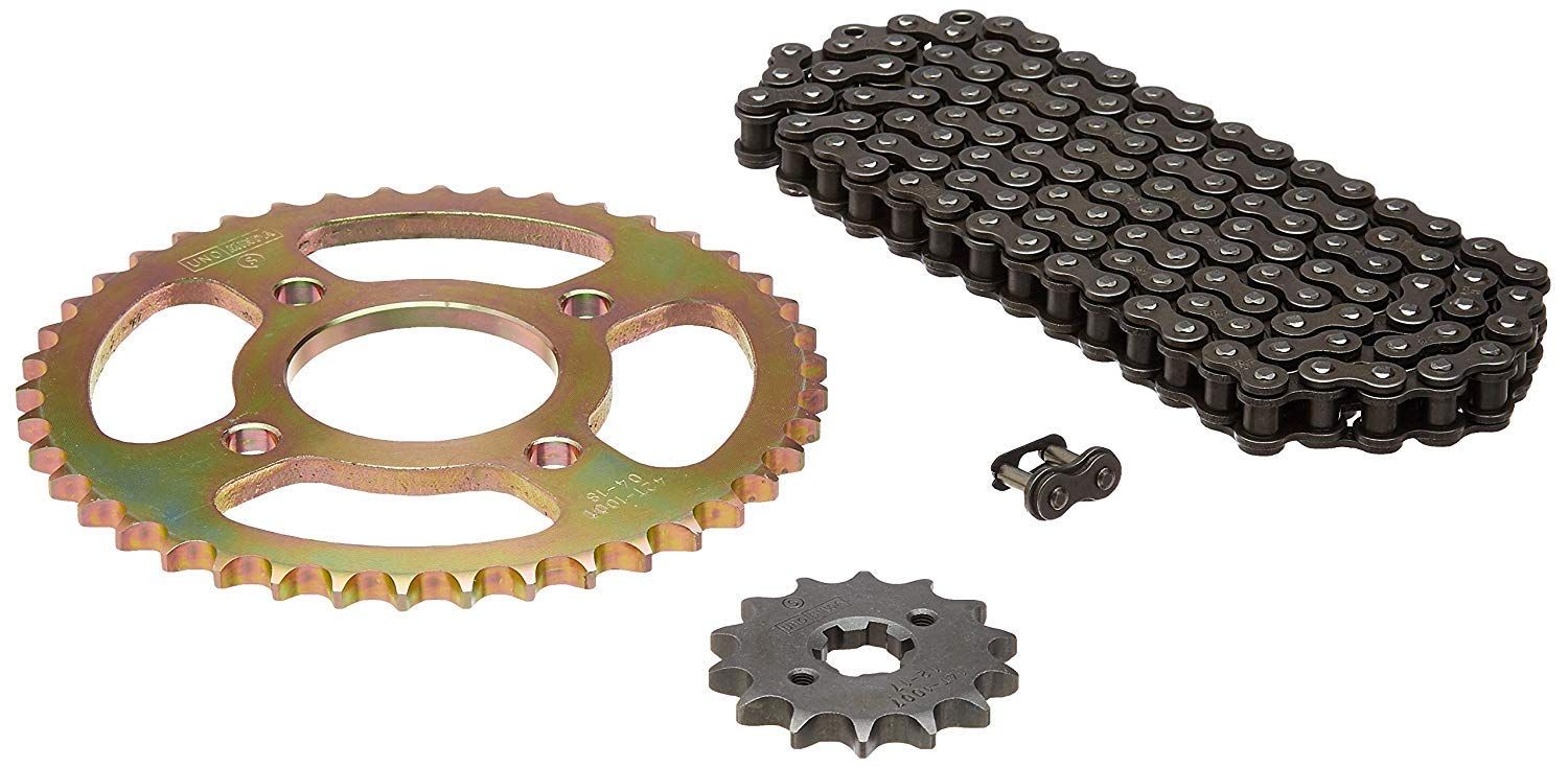 Uno Minda CH-1036 Quadra Rivet Chain & Alloy Steel Hardened Sprockets Chain & Sprocket Kit - R428H SIZE-120L / 14T / 42T(4H) for Bajaj Discover 135 CC HD Drum Brake (Mar'06 ONW)