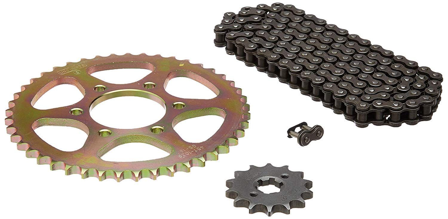 Uno Minda CH-1029 Quadra Rivet Chain & Alloy Steel Hardened Sprockets Chain & Sprocket Kit - R428H SIZE-122L / 14T / 45T(6H) for Bajaj Discover DTS (Spoke Wheel)