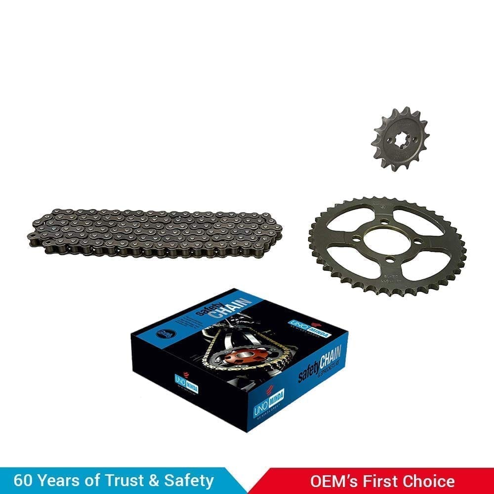 Uno Minda CH-1011 Quadra Rivet Chain & Alloy Steel Hardened Sprockets Chain & Sprocket Kit - R428 SIZE-118L / 14T / 42T(4H) For Bajaj Discover 100 DTS(Upto Mar'11)