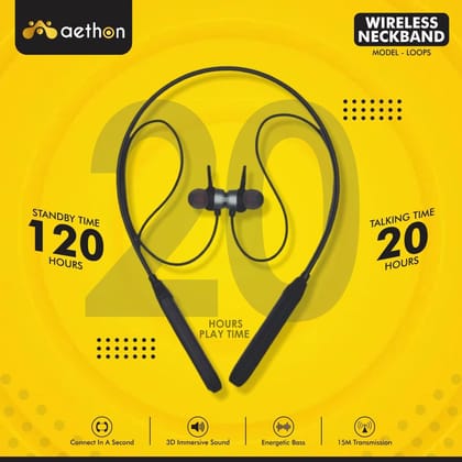 Aethon Loops Wireless Neckband Earphones with Dual Pairing, Powerful Bass, Built-in Mic for Clear Calls, IPX5, Longer Playback Time, Made in India