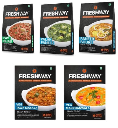 Freshway Ready To Eat Combo Palak Paneer, Paneer Bhurji, Pav Bhaji, Tawa Masala, Makkhanwala