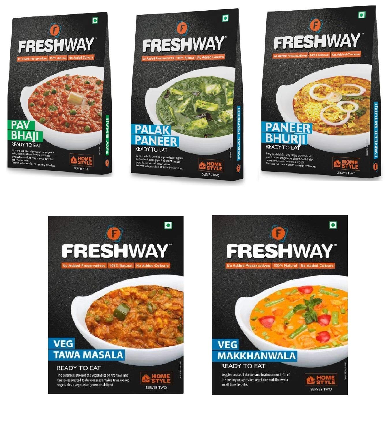 Freshway Ready To Eat Combo Palak Paneer, Paneer Bhurji, Pav Bhaji, Tawa Masala, Makkhanwala