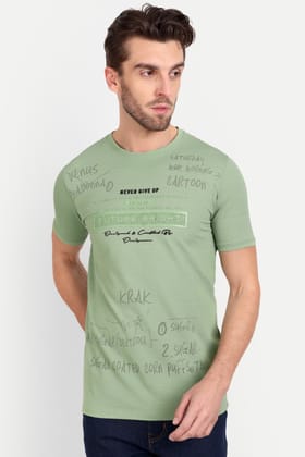 Printed Men Round Neck Spring Green T-Shirt