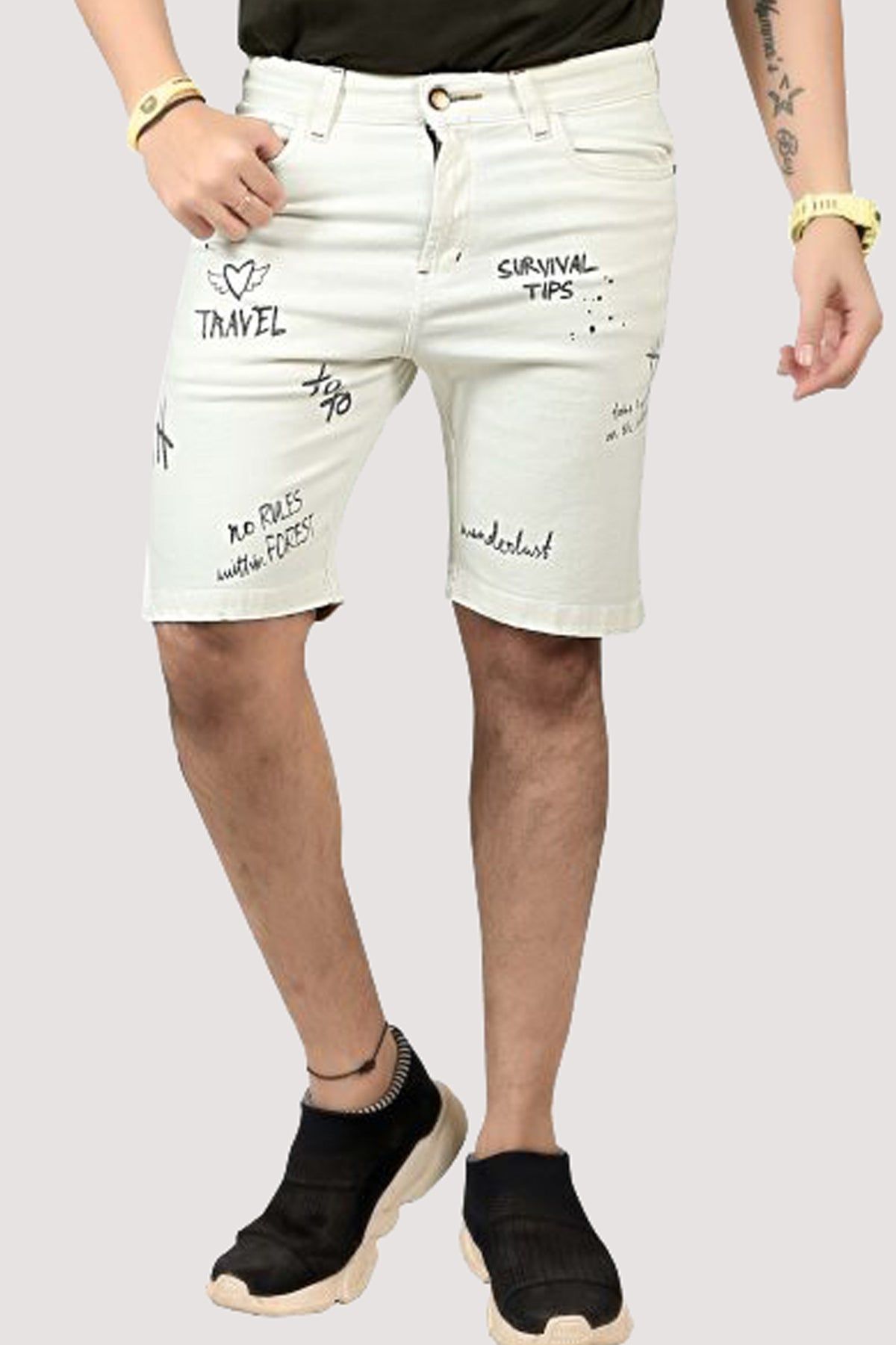 Men White Printed Denim Shorts