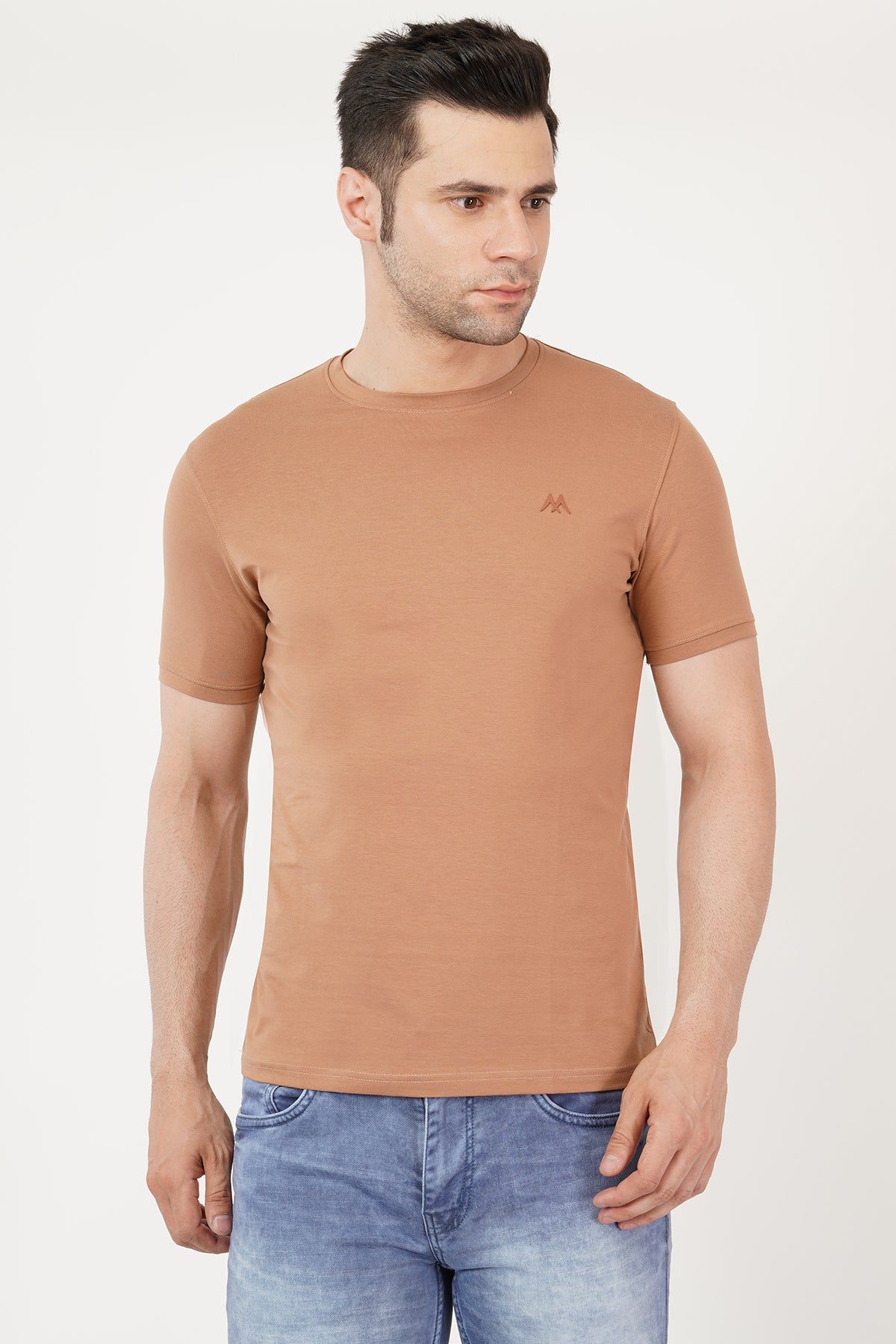 Solid Men Round Neck Brown T-Shirt