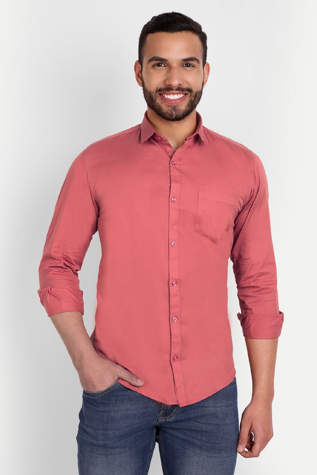 Men Slim Fit Salmon Pink Shirt