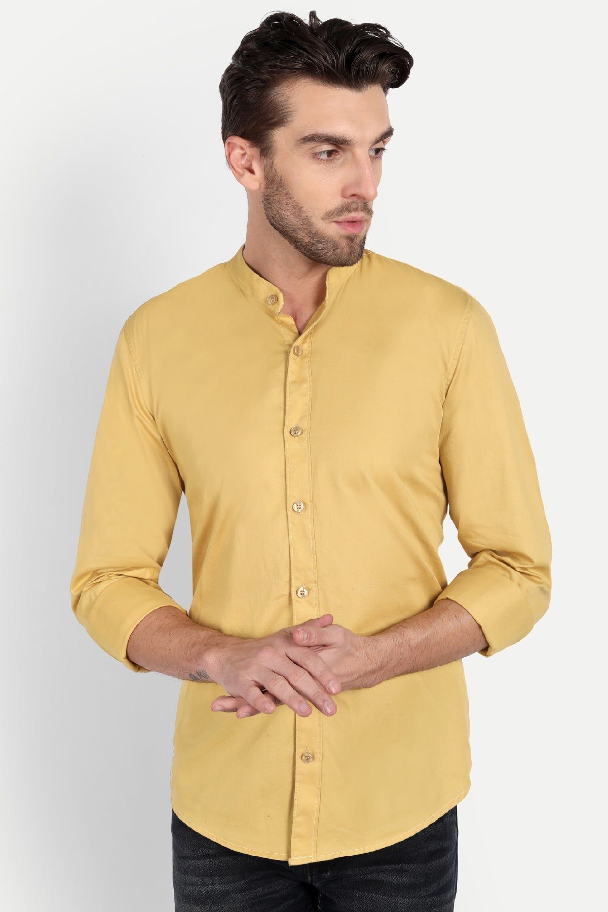 Men Slim Fit Mandarin Collar Khakhi Shirt