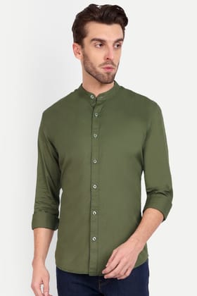 Men Slim Fit Mandarin Collar Olive Shirt