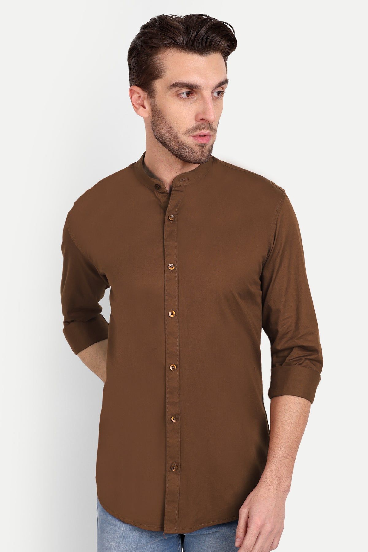 Men Slim Fit Mandarin Collar Coffee Shirt