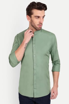 Men Slim Fit Mandarin Collar Sage Green Shirt