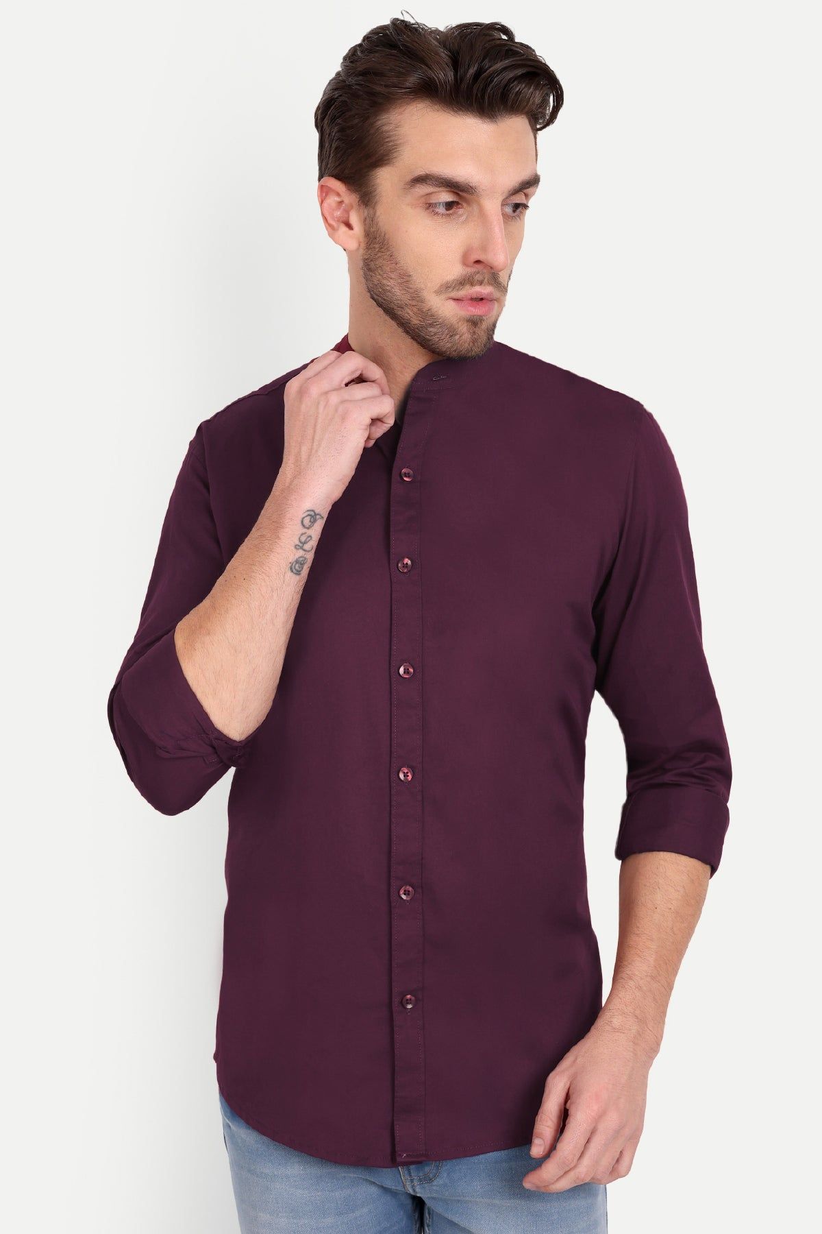 Men Slim Fit Mandarin Collar Wine Shirt