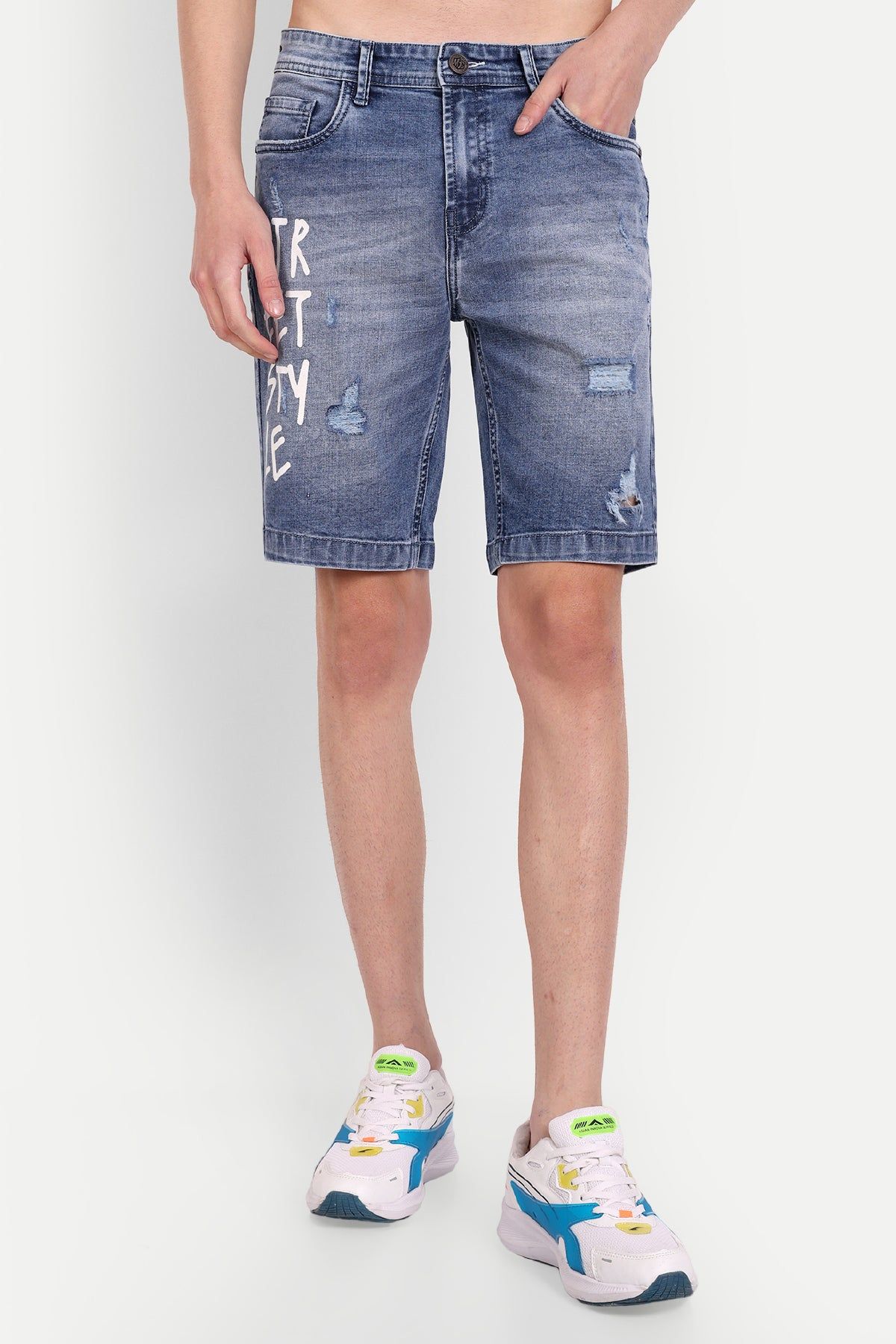 Men Distressed Solid Printed Blue Denim Shorts