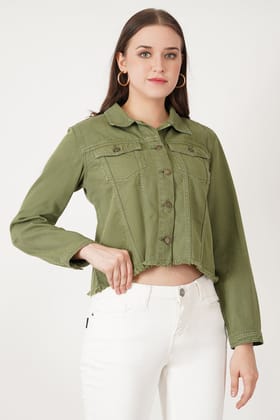 Women Olive Fringed Denim Jacket