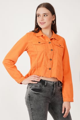 Women Orange Fringed Denim Jacket