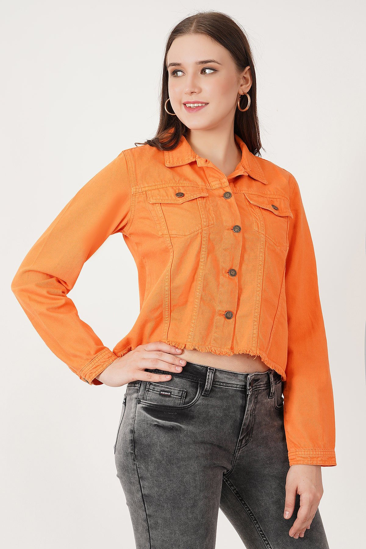 Women Orange Fringed Denim Jacket