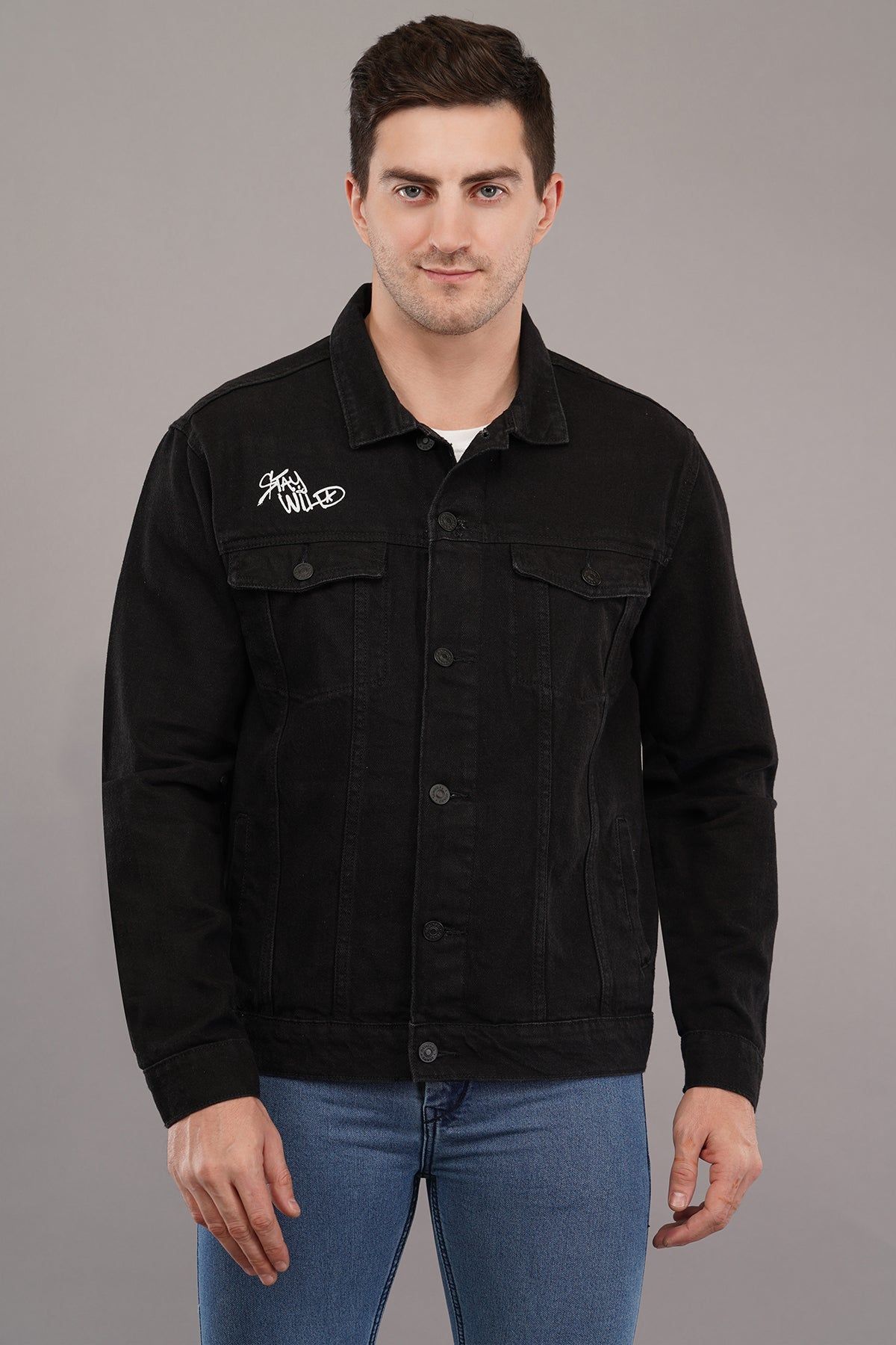 MEN BLACK DENIM BIKER JACKET