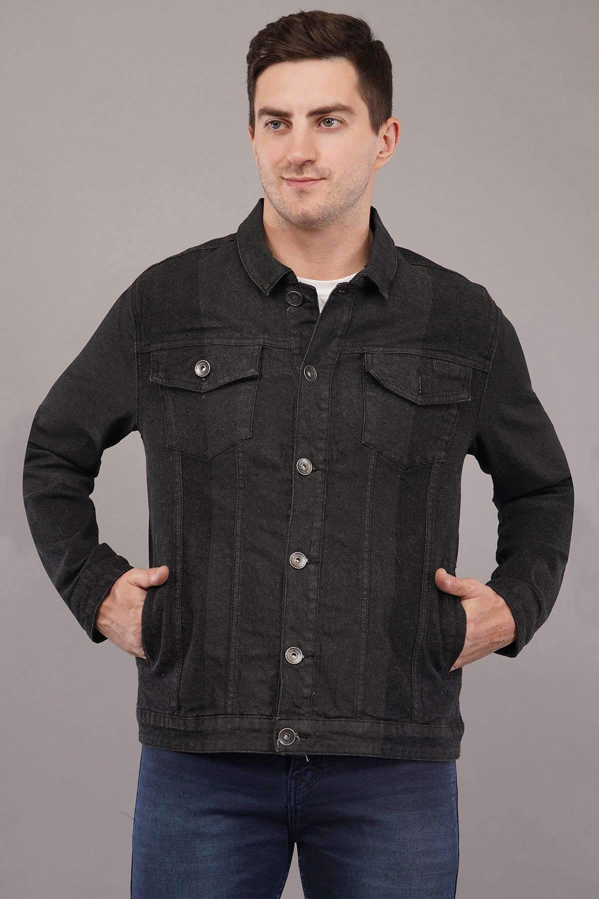 MEN GREY DENIM BIKER Jacket