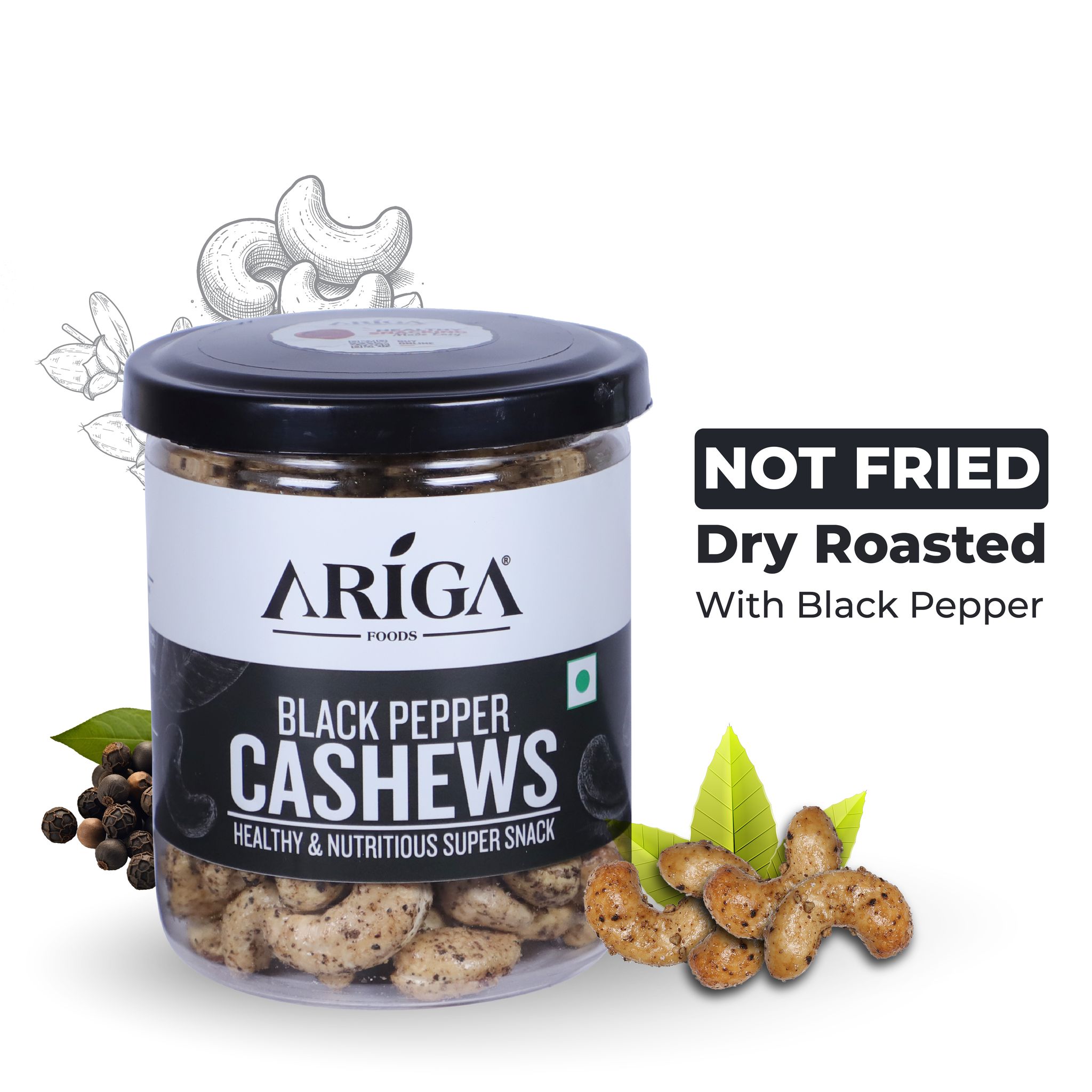 Ariga Foods Black Pepper Roasted Kaju | Cashews (200 g)