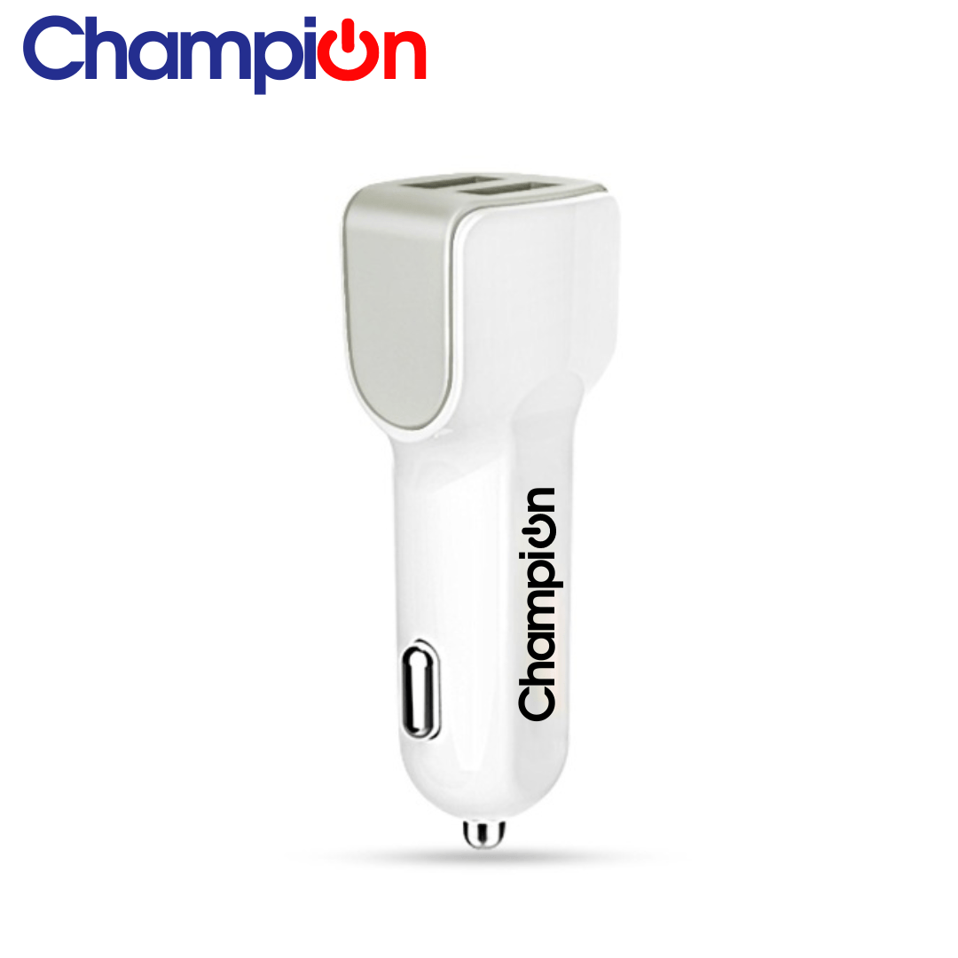 Champion Dual Port USB Fast Car Charger 3A For All Android And Apple Phone (White)