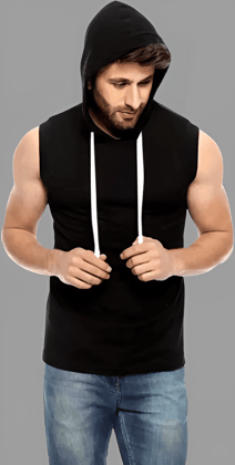 1010 Black Sleeveless Solid Hooded Neck t-shirt for Men
